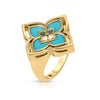The VENETIAN PRINCESS PIROUETTE MEDIUM FLOWER RING by Roberto Coin features a modern 18K gold flower design with turquoise blue enamel petals and a central white gem, capturing elegant Venetian-inspired beauty.