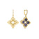 The VENETIAN PRINCESS PIROUETTE Medium Flower Drop Earrings by Roberto Coin Staging feature 18K gold with diamond accents, one showcasing a floral motif and the other with deep blue inlay for a unique, elegant look.