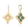 The VENETIAN PRINCESS PIROUETTE Medium Flower Drop Earrings by Roberto Coin Staging feature 18K gold floral pendants—one with green inlay, both set with small white stones and diamond-accented hoops for refined elegance.