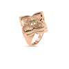 The VENETIAN PRINCESS PIROUETTE PAVE FLOWER RING by Roberto Coin Staging showcases a large, square floral motif in rose gold with diamond accents and intricate cutouts set against a white background.
