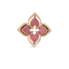 A rose gold, flower-shaped pendant with four pink enamel petals and an open center pairs perfectly with the Roberto Coin Staging VENETIAN PRINCESS PIROUETTE PAVE FLOWER RING.