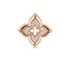 The VENETIAN PRINCESS PIROUETTE PAVE FLOWER RING by Roberto Coin Staging features a gold four-petal flower design with layered details and sparkling diamonds on each petal, beautifully showcased against a white background.