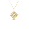 The Roberto Coin Venetian Princess Pirouette Pave Medium Flower Necklace features a gold quatrefoil pendant with sparkling diamonds and a central cutout, suspended from a delicate 18K yellow gold chain.