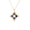 The VENETIAN PRINCESS PIROUETTE PAVE MEDIUM FLOWER NECKLACE by Roberto Coin features Italian 18K yellow gold, a blue enamel quatrefoil pendant with an open flower center and pavé diamonds.