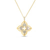 The VENETIAN PRINCESS PIROUETTE PAVE MEDIUM FLOWER NECKLACE by Roberto Coin showcases Italian artistry with an 18K yellow gold four-petal floral pendant, white inlay, and diamond-accented bail, displayed on a plain white background.