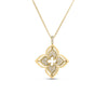 The VENETIAN PRINCESS PIROUETTE PAVE MEDIUM FLOWER NECKLACE by Roberto Coin features a diamond-accented quatrefoil pendant in 18K yellow gold, showcasing Italian craftsmanship on a delicate chain.