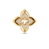 The VENETIAN PRINCESS PIROUETTE PAVE FLOWER RING by Roberto Coin Staging features a four-petal gold flower with intricate design and pave-set small diamonds on each petal, shown on a white background.