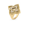 The VENETIAN PRINCESS PIROUETTE PAVE FLOWER RING by Roberto Coin Staging features an 18K gold floral design with sparkling white gemstones and a central dark blue stone, highlighting its elegant, intricate details.