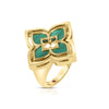 The VENETIAN PRINCESS PIROUETTE PAVE FLOWER RING by Roberto Coin Staging features a gold, square floral design with green gemstone petals, inspired by Venetian elegance, set against a white background.