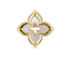 The VENETIAN PRINCESS PIROUETTE PAVE FLOWER RING by Roberto Coin Staging features a four-petal, gold-outlined floral design with white inlays, resembling a brooch, shown against a plain white background.