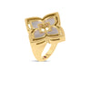 The VENETIAN PRINCESS PIROUETTE PAVE FLOWER RING by Roberto Coin Staging is crafted in 18K gold, featuring a floral top with four petals inlaid with white mother-of-pearl and a polished finish.