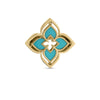 A gold pendant with turquoise enamel and smooth edges mirrors the elegant, openwork design of Roberto Coin Staging's VENETIAN PRINCESS PIROUETTE PAVE FLOWER RING.