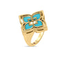The VENETIAN PRINCESS PIROUETTE PAVE FLOWER RING by Roberto Coin Staging features an 18K gold four-petal flower design with turquoise enamel petals, elegantly set against a sleek white background.