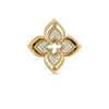 The VENETIAN PRINCESS PIROUETTE PAVE FLOWER RING by Roberto Coin Staging features a gold four-petal floral design with intricate cut-outs and sparkling pave diamonds, radiating elegance against a white background.