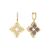 The VENETIAN PRINCESS PIROUETTE PAVE MEDIUM FLOWER DROP EARRINGS by Roberto Coin feature four-petal flowers in 18K gold, with one earring showcasing a purple center and the other dazzling with diamond-encrusted petals and hoops.