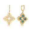 Explore the VENETIAN PRINCESS PIROUETTE PAVE Medium Flower Drop Earrings by Roberto Coin, featuring 18K gold, diamond-studded hoops, four-petal motifs with sparkling white stones on one side and green enamel on the other.