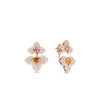 The VENETIAN PRINCESS CARNIVAL PAVE DIAMOND AND MIXED STONES CUT FLOWER DROP EARRINGS by Roberto Coin feature floral 18K rose gold, pave diamonds, and vibrant orange and pink stones, inspired by the Venetian Princess Carnival.
