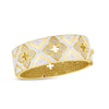 The VENETIAN PRINCESS DIAMOND AND ENAMEL WIDE FLOWER BANGLE by Roberto Coin showcases gold and white enamel bands, sparkling diamonds, and floral motifs with intricate 18K yellow gold inner detailing for an elegant, ornate look.