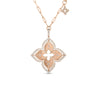 The VENETIAN PRINCESS PIROUETTE LARGE FLOWER NECKLACE by Roberto Coin showcases a large four-petal flower pendant with diamond accents and a cutout center, crafted in 18K gold on an oval link chain.
