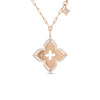 The VENETIAN PRINCESS PIROUETTE LARGE FLOWER NECKLACE by Roberto Coin features a rose gold quatrefoil pendant with diamond accents and floral engravings, hung on a delicate chain with a tiny charm, exemplifying exquisite Italian craftsmanship.