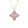 The Roberto Coin VENETIAN PRINCESS DIAMOND AND RHODONITE LARGE FLOWER LONG NECKLACE features a gold four-petal flower pendant with pink rhodonite petals edged in gold and a cluster of sparkling white diamonds at the center.