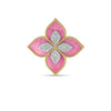 The VENETIAN PRINCESS DIAMOND AND RHODONITE LARGE FLOWER RING by Roberto Coin features a symmetrical flower design with four pink rhodonite petals outlined in 18K gold and sparkling diamond accents at the center and petal tips.