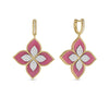 The VENETIAN PRINCESS DIAMOND AND RHODONITE LARGE FLOWER DROP EARRINGS by Roberto Coin feature large pink four-petal flower pendants outlined in 18K gold, with each petal accented by rows of white diamonds.