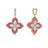 The VENETIAN PRINCESS DIAMOND AND RHODONITE LARGE FLOWER DROP EARRINGS by Roberto Coin feature large pink four-petal flower pendants outlined in 18K gold, with each petal accented by rows of white diamonds.
