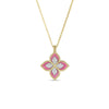 The VENETIAN PRINCESS DIAMOND AND RHODONITE FLOWER NECKLACE by Roberto Coin features four pink and white diamond-studded petals outlined in 18K gold, inspired by the iconic necklace and shown on a white background.