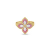 The VENETIAN PRINCESS DIAMOND AND RHODONITE FLOWER RING by Roberto Coin features four pink enamel petals outlined in gold rope, with sparkling diamond accents at the center and on each petal. Shown against a plain white background.