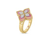 The VENETIAN PRINCESS DIAMOND AND RHODONITE FLOWER RING by Roberto Coin is crafted in 18K gold, featuring a four-petal flower with pink rhodonite and diamond accents on a textured band.