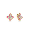 The VENETIAN PRINCESS DIAMOND AND RHODONITE FLOWER STUD EARRINGS by Roberto Coin feature pink rhodonite petals, gold edges, and sparkling diamonds, beautifully displayed against a white background—an exquisite example of fine jewelry.