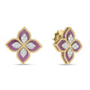 Roberto Coin Venetian Princess Flower Stud Earrings in 18K Yellow Gold – Diamond, Rhodonite (front view)