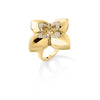 Side view of yellow gold flower ring with diamond accents on a white background