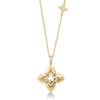Yellow gold flower necklace with diamond accents on a white background