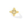Yellow gold flower ring with diamond accents on a white background
