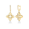 Yellow gold flower dangle earrings with diamond accents on a white background