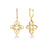 Yellow gold flower dangle earrings with diamond accents on a white background