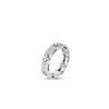 The Roberto Coin LOVE IN VERONA PAVE DIAMOND AND POLISHED FLOWER NARROW RING, adorned with sparkling diamonds and floral motifs, is elegantly displayed on a white background.