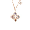 The VENETIAN PRINCESS CARNIVAL PAVE DIAMOND AND MIXED STONES LARGE OPEN FLOWER NECKLACE by Roberto Coin features a four-petal flower in 18K rose gold, set with white diamonds and colorful gemstones on a matching gold chain.
