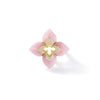 Front view of yellow gold, pink opal, and diamond floral ring on a white background