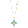 Yellow gold and amazonite flower necklace with diamond accents on a white background