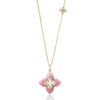 Yellow gold and pink opal flower necklace with diamond accents on a white background
