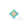 Yellow gold and amazonite flower ring with diamond accents on a white background
