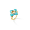 Side view of yellow gold and amazonite flower ring with diamond accents on a white background