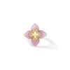 Yellow gold and pink opal flower ring with diamond accents on a white background
