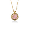 Gold necklace with a pink opal and diamond pendant on a white background