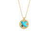 The VENETIAN MEDALLIONS SMALL PENDANT NECKLACE by Roberto Coin features an 18K yellow gold chain with a round turquoise pendant, diamond accents, and a decorative gold leaf border, shown against a white background.