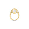 The VENETIAN MEDALLIONS SMALL REVERSIBLE RING by Roberto Coin features 18K yellow gold with a round white center, leaf-like gold accents, and a braided border, evoking Venetian Medallions, shown on a white background.