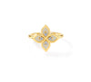Front view of yellow gold, mother of pearl, and diamond floral ring on a white background